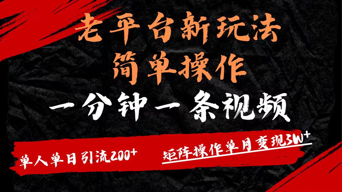 老平台，新玩法，简单操作，一分钟一条视频，单人单人引流200+矩阵操作，单月变现3W安创网-网创项目资源站-副业项目-创业项目-搞钱项目安创网