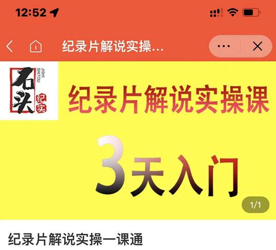 石头纪实·纪录片解说实操课，3天入门，快速掌握纪录片解说视频制作安创网-网创项目资源站-副业项目-创业项目-搞钱项目安创网