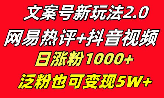 文案号新玩法 网易热评+抖音文案 一天涨粉1000+ 多种变现模式 泛粉也可变现安创网-网创项目资源站-副业项目-创业项目-搞钱项目安创网