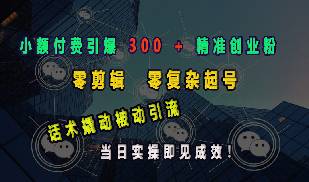 小额付费引爆 300 + 精准创业粉，零剪辑、零复杂起号，话术撬动被动引流，当日实操即见成效！安创网-网创项目资源站-副业项目-创业项目-搞钱项目安创网