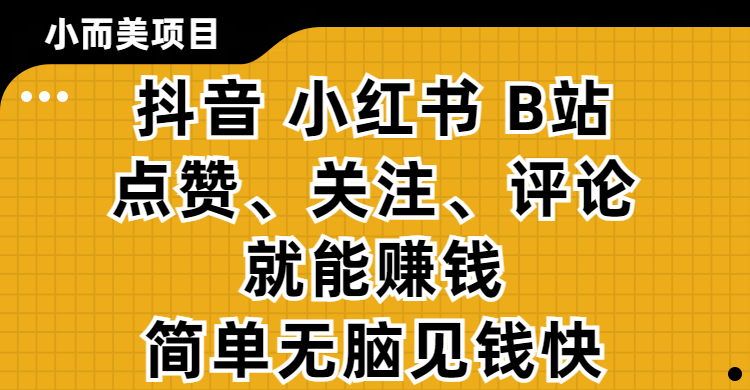 小而美的项目，抖音、小红书、B站视频点赞、关注、评论就能赚钱，简单无脑立见收益！妥妥的零撸项目安创网-网创项目资源站-副业项目-创业项目-搞钱项目安创网