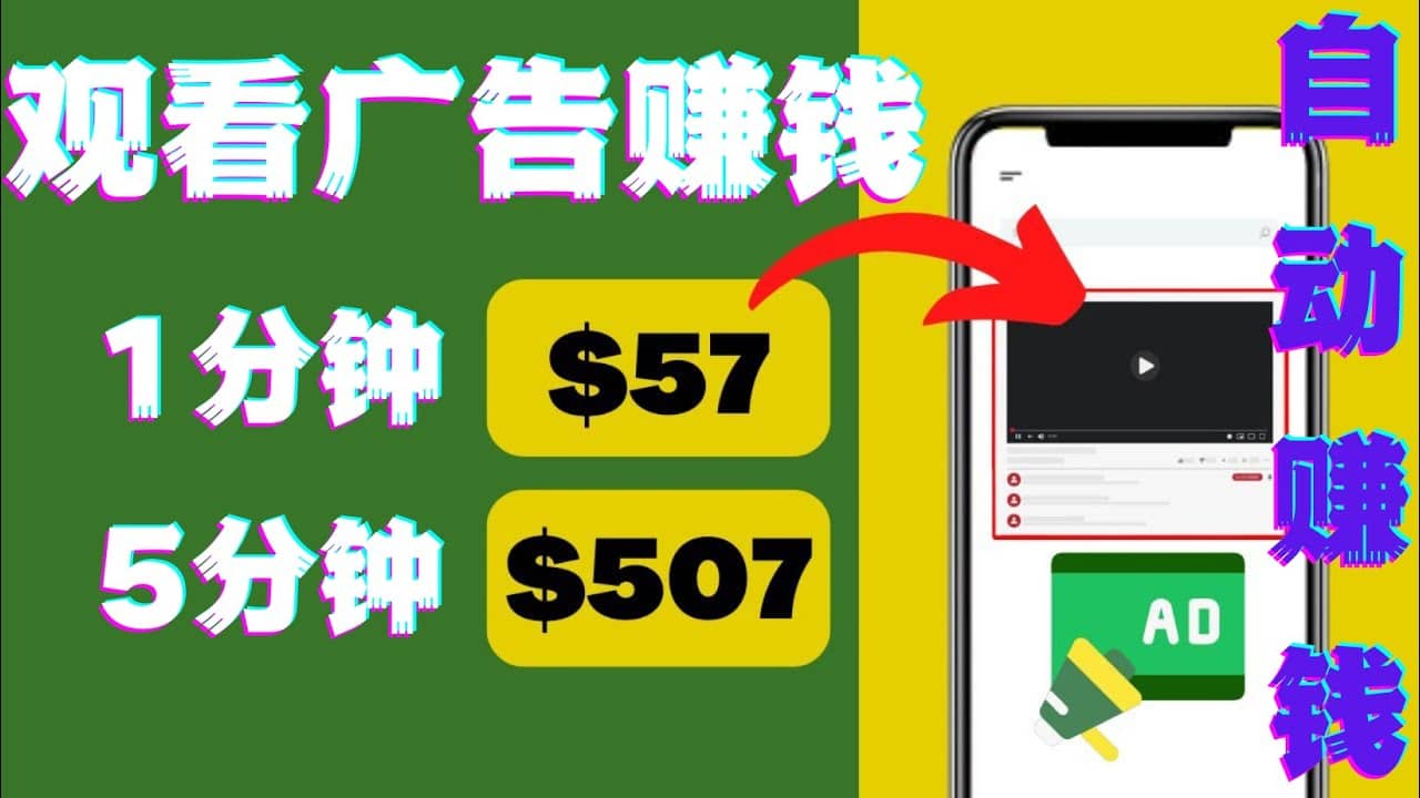 观看视频广告，只需要点击广告，每5分钟赚57美元安创网-网创项目资源站-副业项目-创业项目-搞钱项目安创网