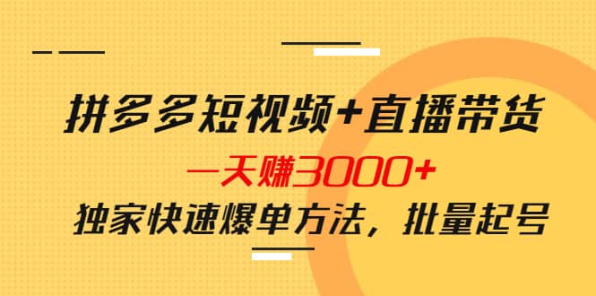 拼多多短视频+直播带货，一天赚3000+独家快速爆单方法，批量起号安创网-网创项目资源站-副业项目-创业项目-搞钱项目安创网